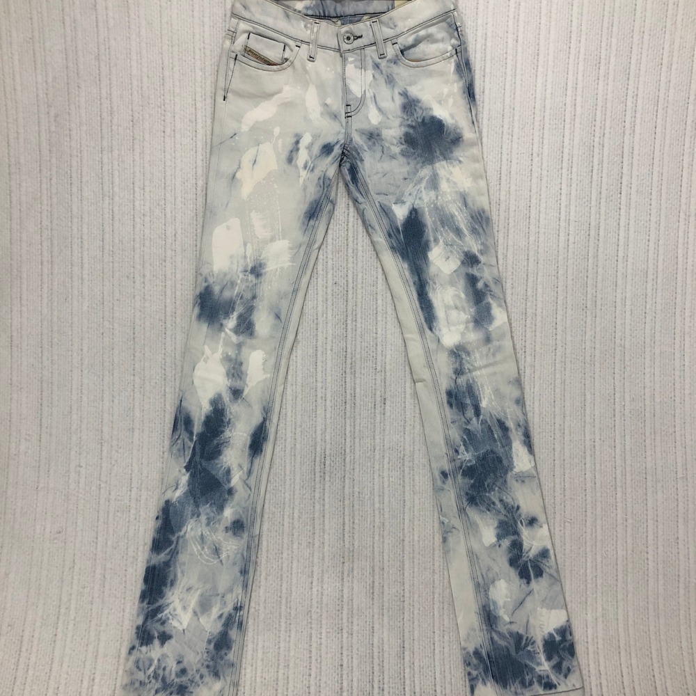 Diesel LIV Jeans Size 26x34 Bleach Tie Dye Distressed Straight Leg Denim Wash